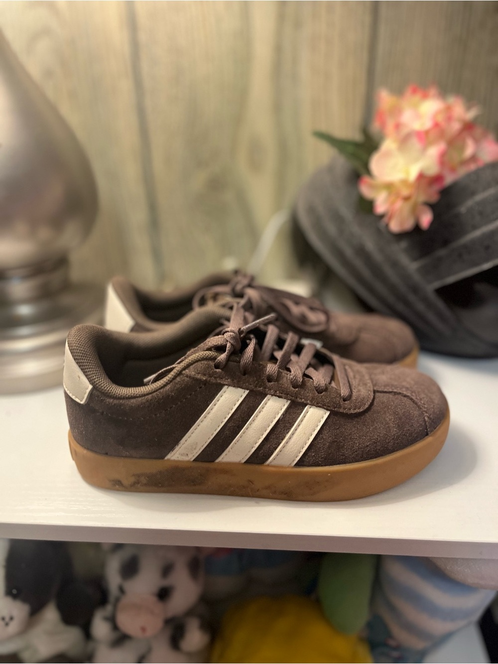 adidas Kids Brown Suede Sneakers with White Stripes and Gum Sole - Picture 2 of 5